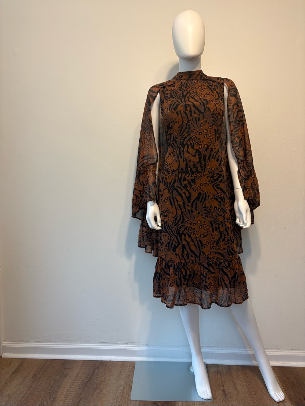 Ashro Rust and Black Patterned High-Neck Midi Dress
